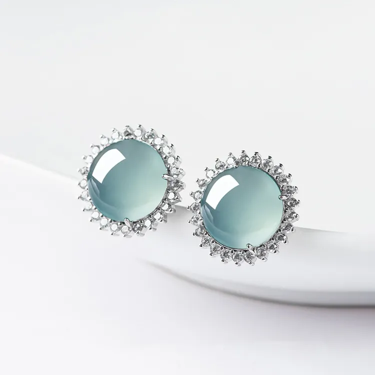 S925银镶天然A货翡翠蓝水耳钉耳坠玉石耳环高档时尚耳饰 多样性发