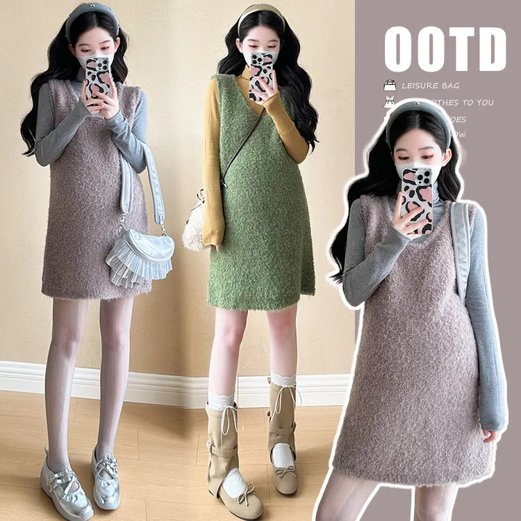孕妇装秋冬装2024新款连衣裙多巴胺孕期毛衣裙子小个子秋冬季套装