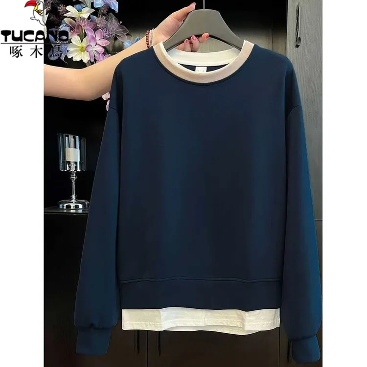 啄木鸟撞色假两件圆领卫衣女2025秋冬新款宽松遮肉显瘦上衣百搭