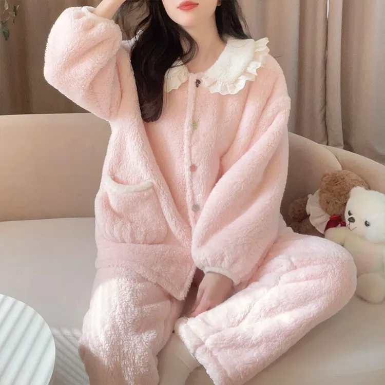 【过冬必备】粉色加厚泡泡绒睡衣女冬季保暖甜美撞色娃娃领家居服yj