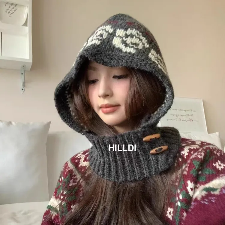 韩国ins覆古巴拉克拉法帽玫瑰花图案针织毛线 线帽女冬保暖套头帽