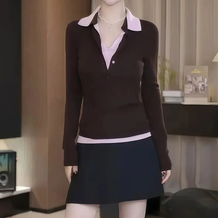 SJ-DY秋冬新款时尚气质翻领撞色设计感休闲打底衫增值税