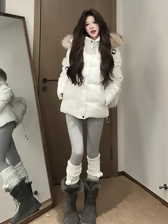白色毛领收腰羽绒服女冬季2025新款韩系高级感修身显瘦白鸭绒外套