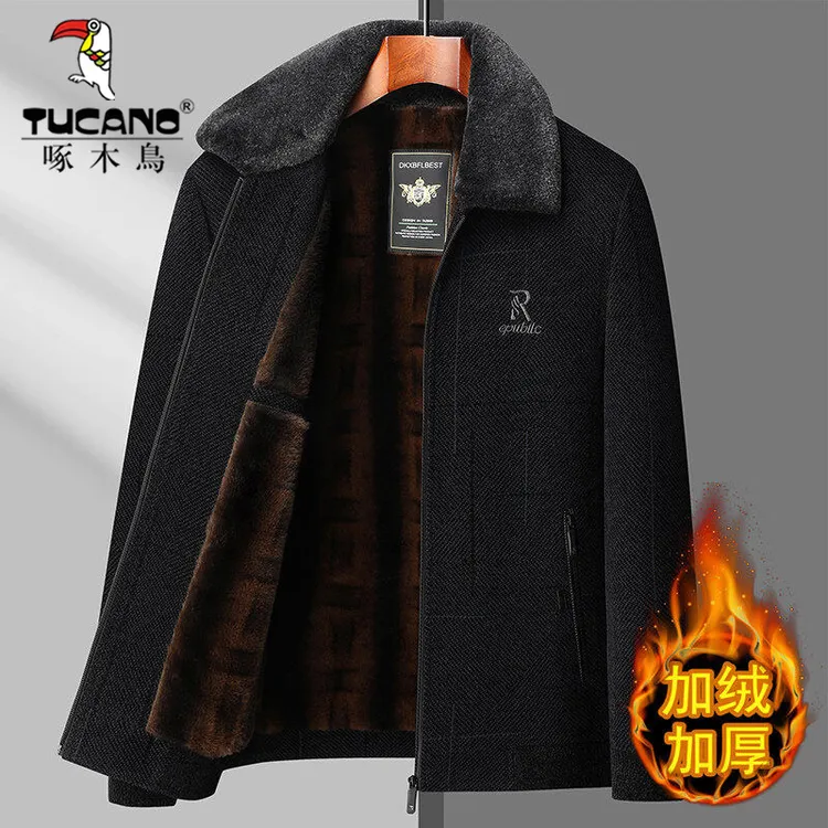 啄木鸟冬季新款男士毛呢夹克爸爸装雪尼尔中老年翻领加绒加厚外套