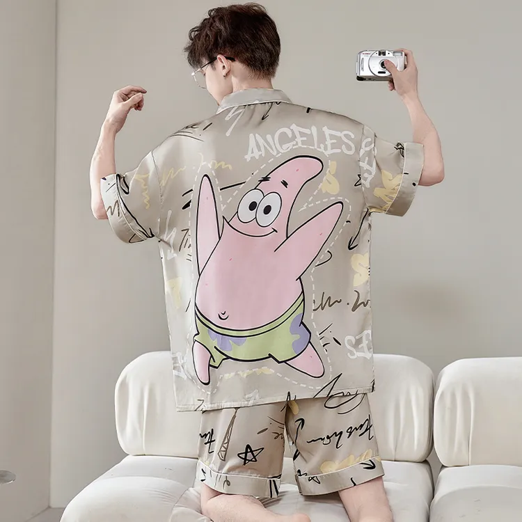 男士睡衣夏季冰丝绸短袖薄款卡通青少年加大码男款学生家居服套装