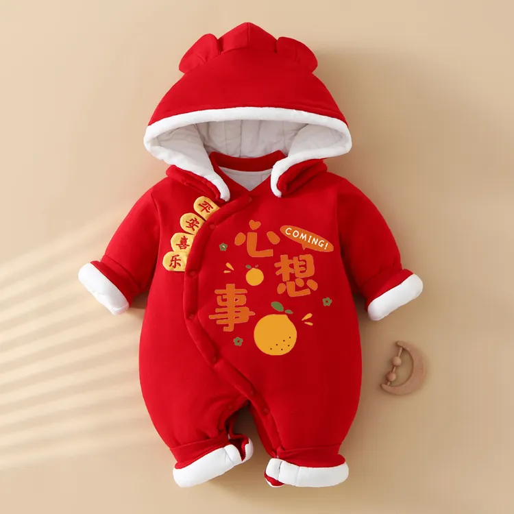 中国风宝宝衣服冬天加厚外出拜年服婴儿连体衣冬季保暖带帽连体衣
