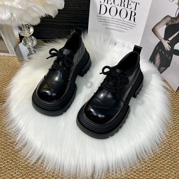 乐福鞋系带英伦风粗跟时尚秋季黑色圆头春季复古皮鞋学院休闲百搭