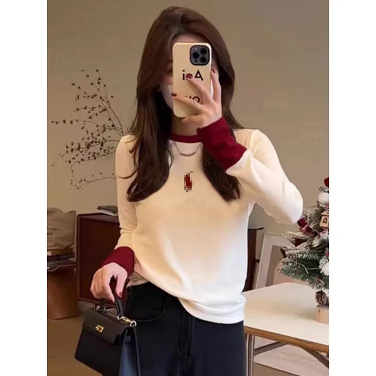 春秋撞色百搭拼接t恤女长袖打底内搭圆领修身洋气减龄显瘦上衣