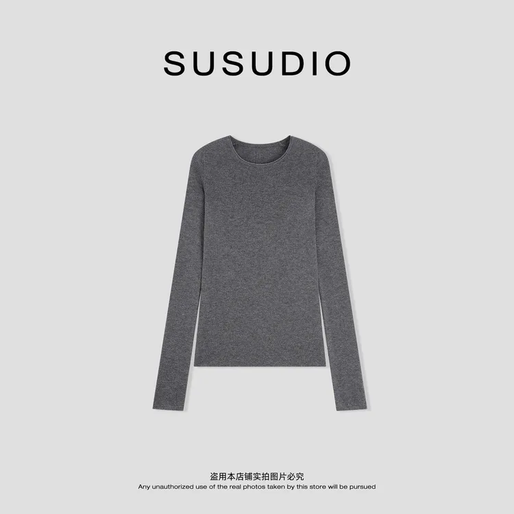 SUSUDIO 桑蚕丝+绵羊毛 纯色软糯亲肤圆领修身毛织打底10659
