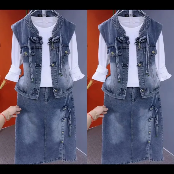 2025早秋长袖打底衫+盘扣牛仔马甲+半身裙三件套女韩版气质时尚潮