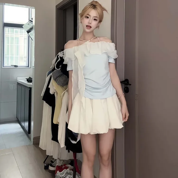 微胖mm纯欲花边系带一字肩上衣女大码夏季设计感甜辣露肩短袖T恤