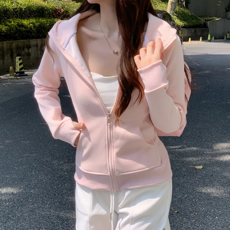 韩系粉色拉链开衫卫衣女春秋季收腰显瘦百搭上衣正肩短款连帽外套