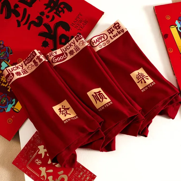 男士内裤纯棉新款本命年大红色结婚喜庆平角四角男孩短裤子青少年