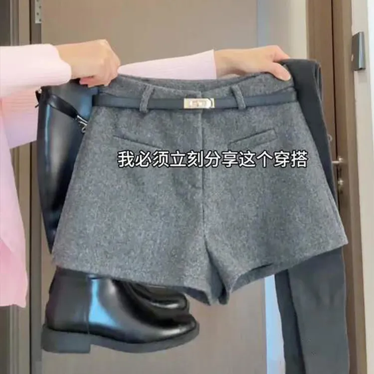 2025新款加厚紧身包臀裤小个子高腰打底靴裤灰色毛呢短裤女外穿冬