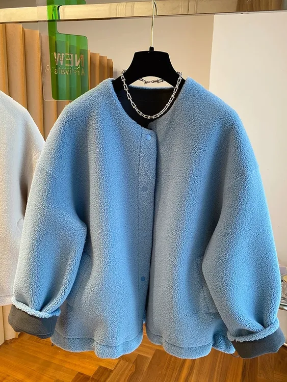 韩系蓝色羊羔毛外套女冬2024新款宽松休闲百搭加厚圆领羊羔绒上衣