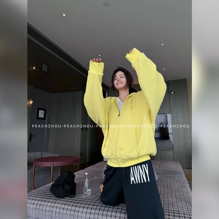 『PEACHZHOU』华夫格'秋日多巴胺‘宽松连帽外套休闲拉链卫衣帽衫