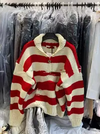 悠悠 冬新款韩版宽松百搭翻领复古条纹针织开衫女毛衣外套