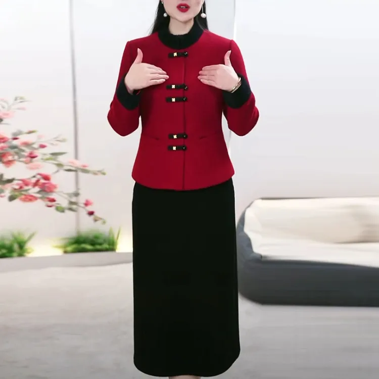 红色加厚套装裙2025秋冬季新款气质时尚中国风保暖两件套连衣裙子