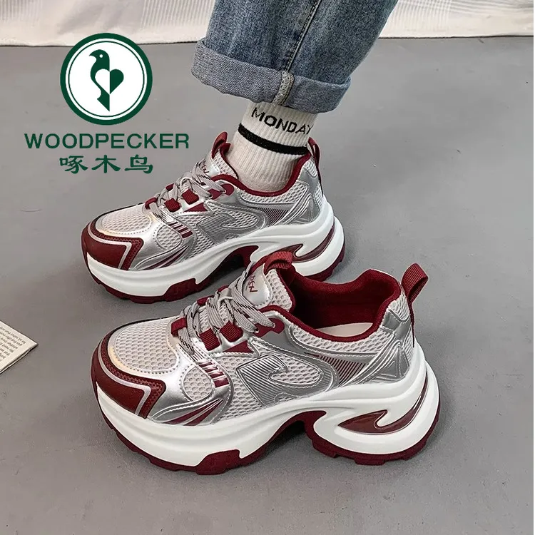 啄木鸟爆款老爹鞋女2025春新款厚底小个子增高网面透气休闲运动鞋