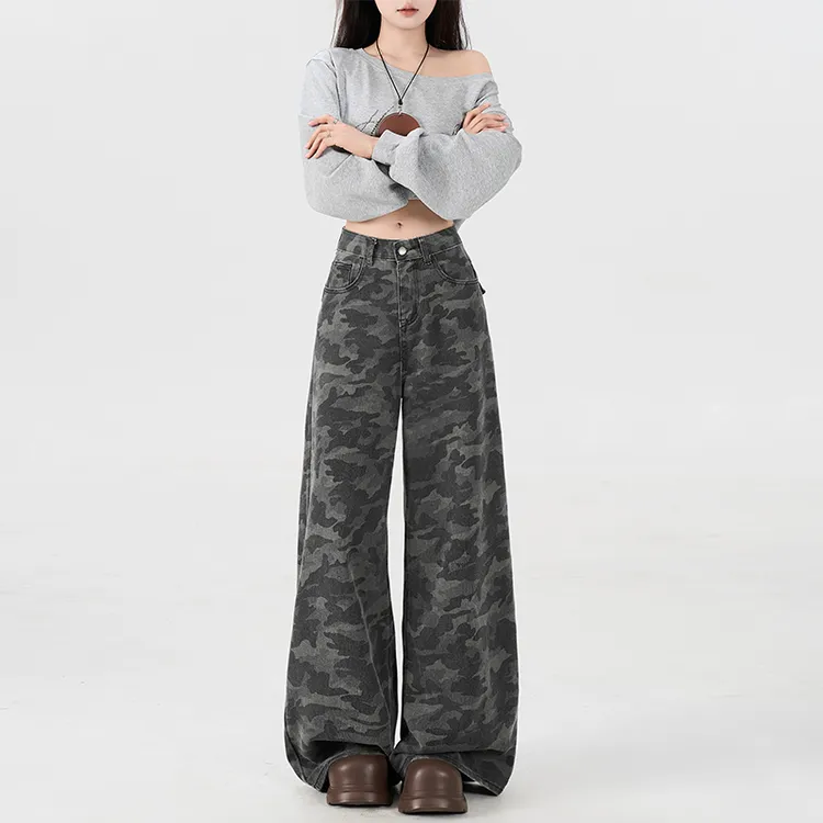 美式高街迷彩阔腿女2025年灰色高腰宽松夏季显瘦工装拖地牛仔裤子