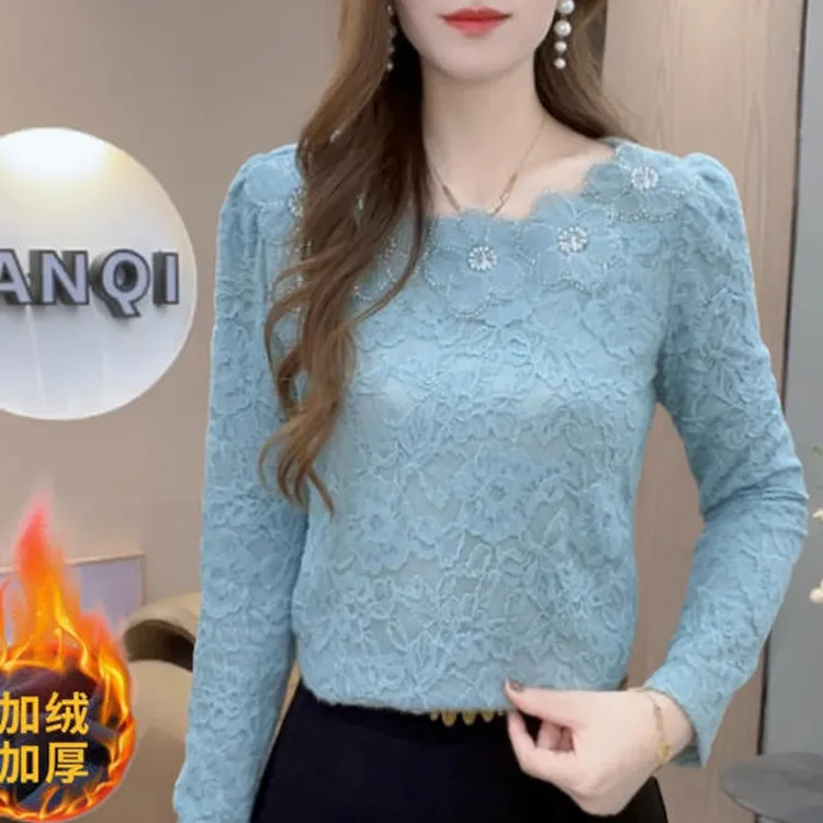 （运费险）洋气磨毛蕾丝长袖打底冬季新款时尚修身保暖减龄上衣