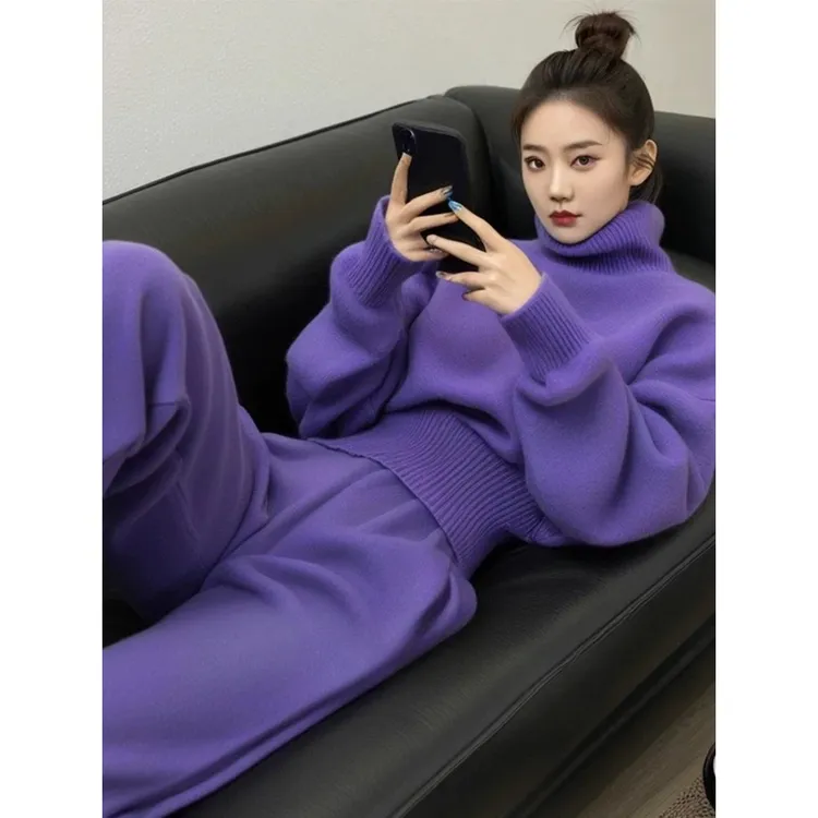 紫色高领宽松收腰加厚针织毛衣女多巴胺上衣2024新款过冬保暖穿搭