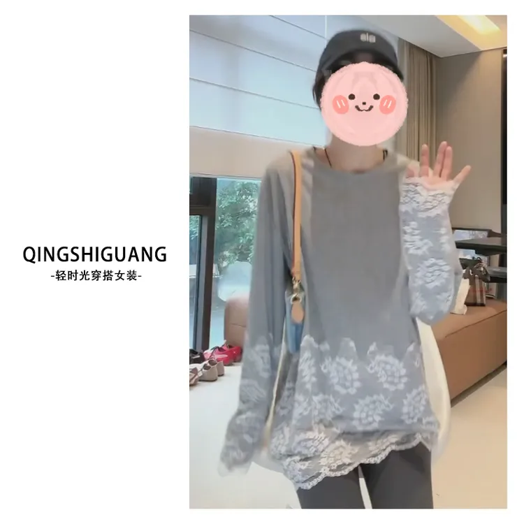 春装女款爆款2025新款高级感轻奢灰色蕾丝拼接长袖韩系百搭气质