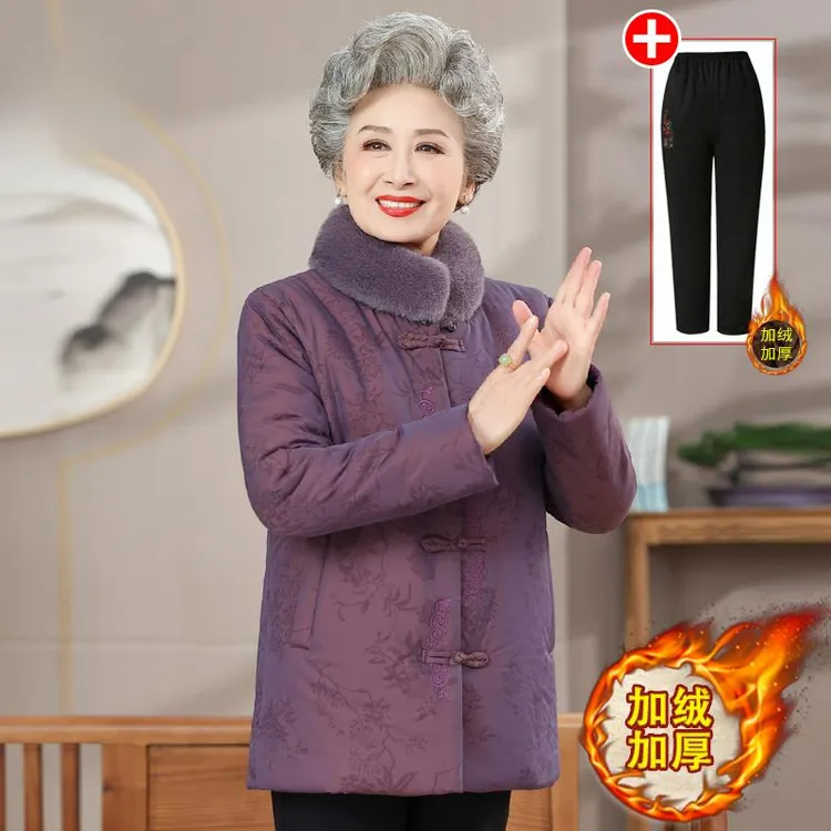 W奶奶冬装棉衣加绒加厚中老年人女妈妈保暖棉服外套洋气老太太棉