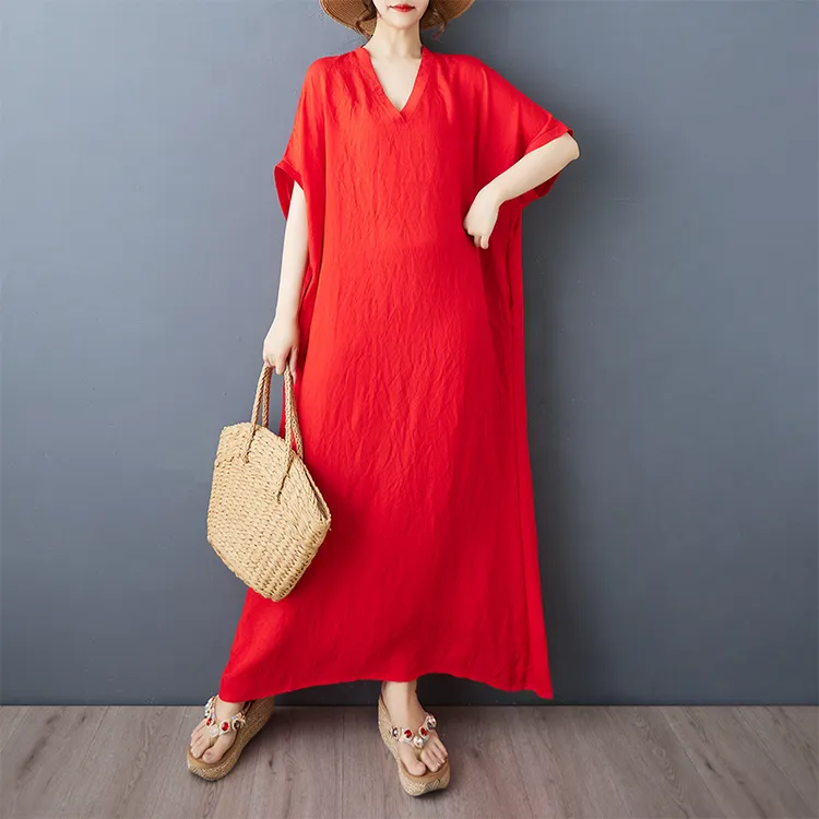 清仓捡漏夏季新款遮肉长款连衣裙女文艺红色v领旅游度假风沙滩裙