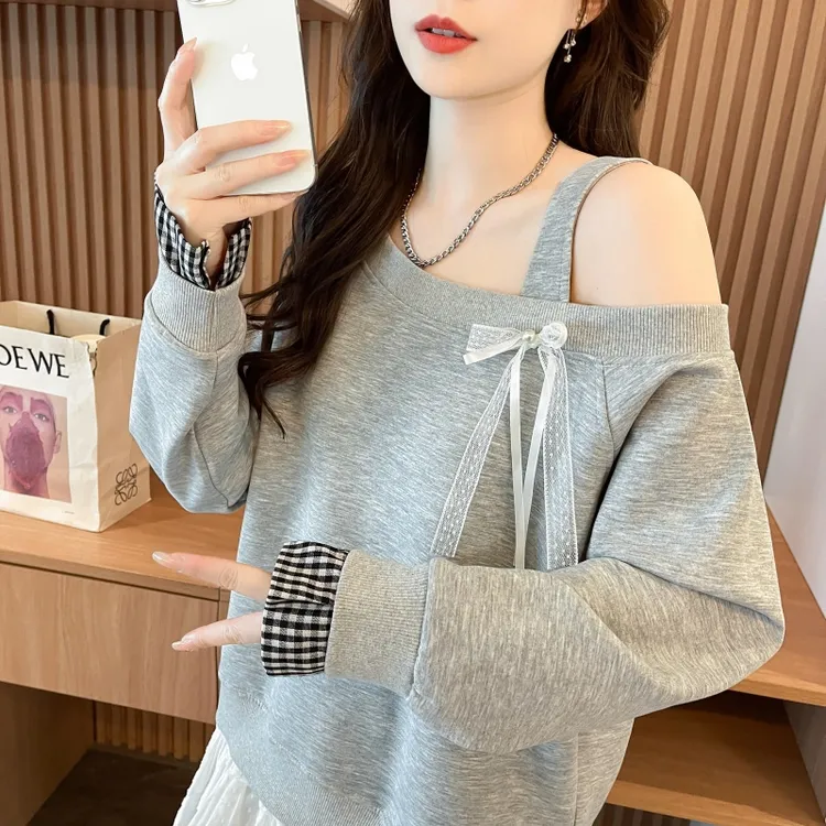 早秋装露肩卫衣女2025新款春秋季韩版宽松薄款蝴蝶结花边上衣外套