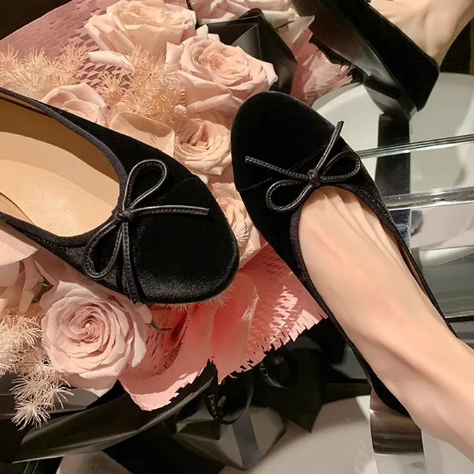 游今希~经典圆头蝴蝶结丝绒浅口单鞋女新款玛丽珍芭蕾鞋平底瓢鞋