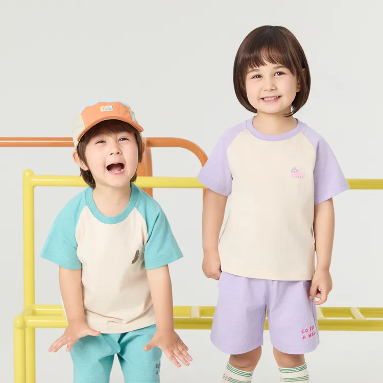 papa爬爬夏季儿童短袖t恤男女童纯棉撞色套装户外休闲