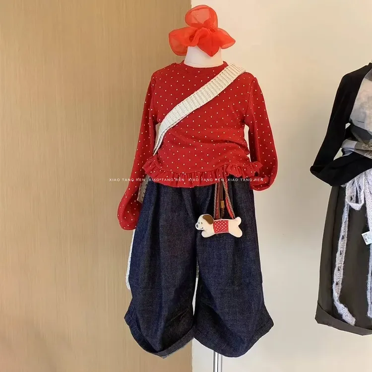 韩版女童秋季套装新款小女孩甜美复古红色波点长袖T恤牛仔阔腿裤