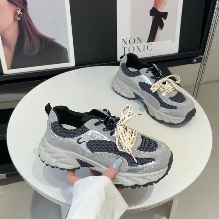 时尚双鞋带炸街松糕厚底老爹鞋女2025秋季新款百搭轻便运动休闲鞋