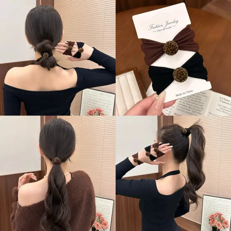 韩系植绒豹纹发圈女高级感球球毛巾圈秋冬复古头绳百搭低马尾皮筋