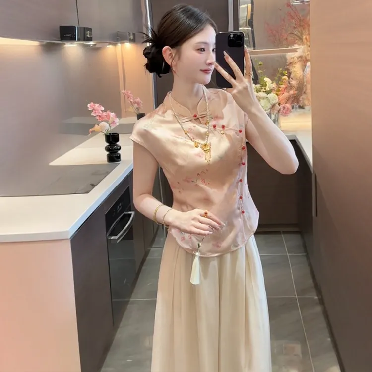 周粥好彩头2025新款新中式缎面提花斜门襟上衣加裤子套装