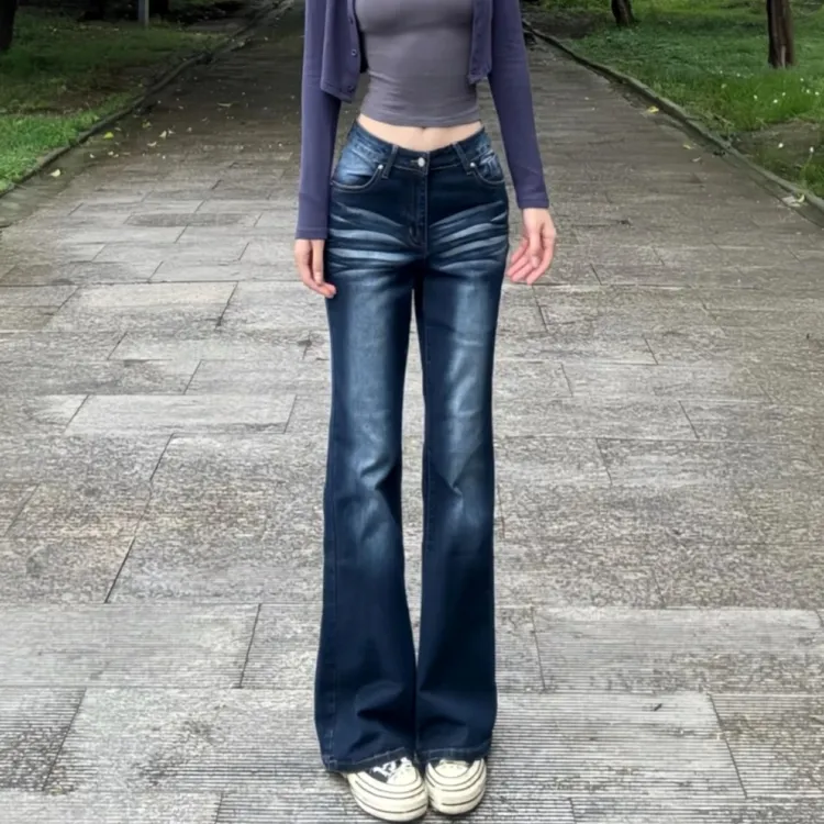 美式复古深色做旧牛仔裤女2025秋季新款低腰显瘦高个子加长微喇裤
