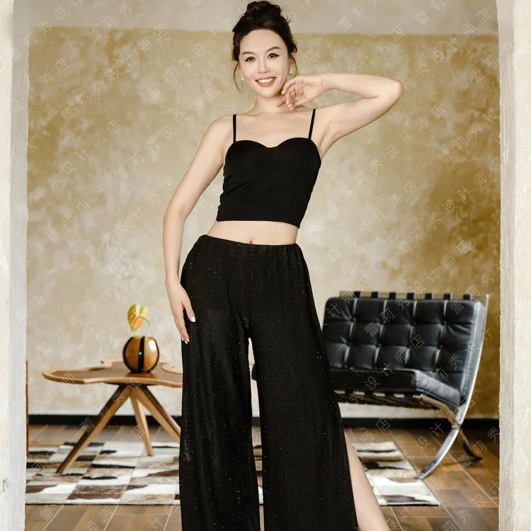 蕾莉秀李晶晶同款舞衣烫钻喇叭裤阔腿裤肚皮舞东方舞练功服舞蹈服