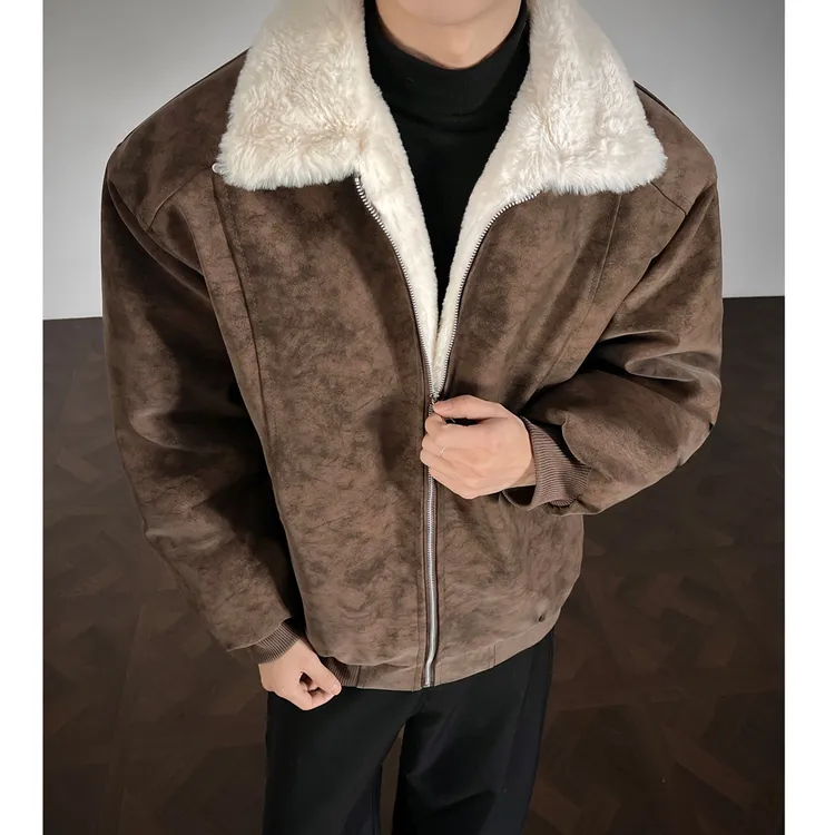 HN潮牌-冬季美拉德羊羔绒雾面PU皮棉服加绒加厚保暖百搭情侣棉衣