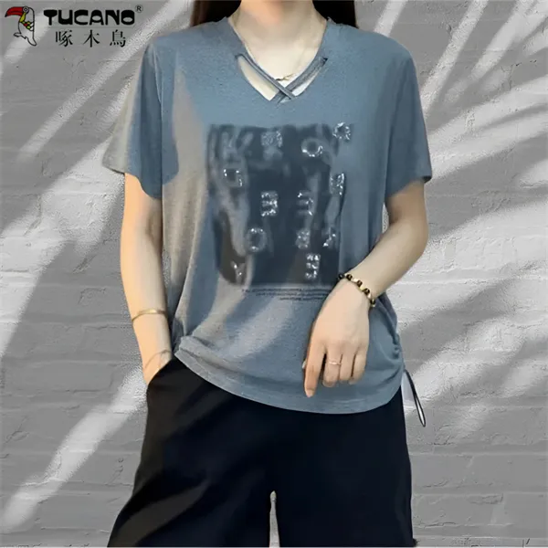 【啄木鳥】夏季新品时尚洋气百搭显瘦气质短袖女士T恤上衣小衫字母