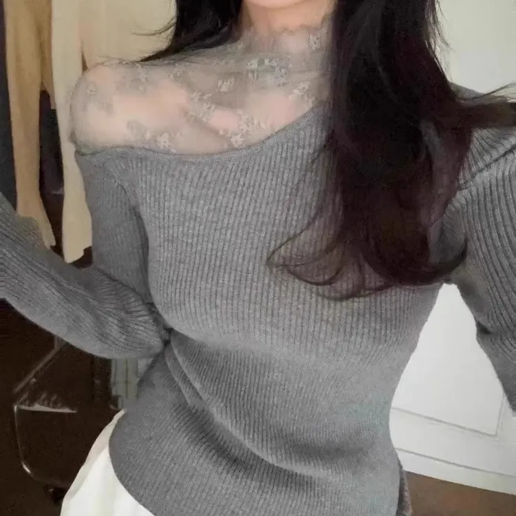 广州十三行女装高端欧货上衣设计感蕾丝拼接毛针织打底衫内搭秋冬