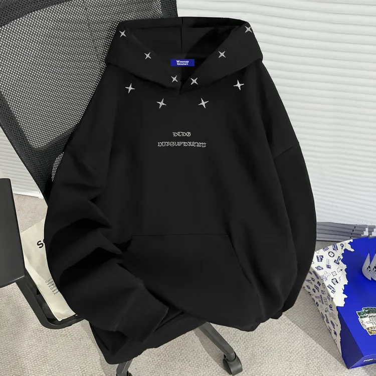 美式加绒加厚刺绣字母连帽卫衣男女同款款2025新款宽松情侣上衣潮