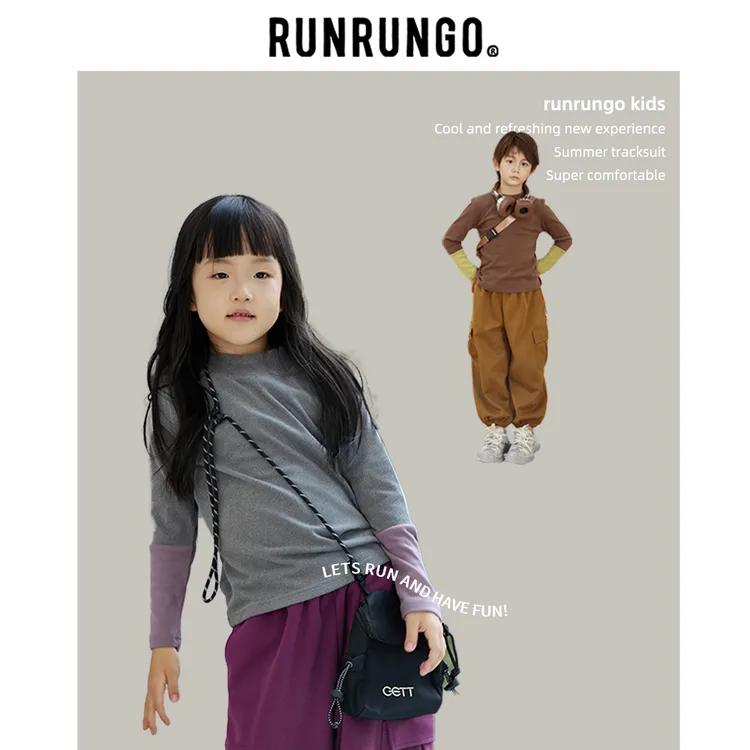 Runrungo【小奶皮】拼接袖高领打底衫宝宝长袖女童男童百搭ol圆领