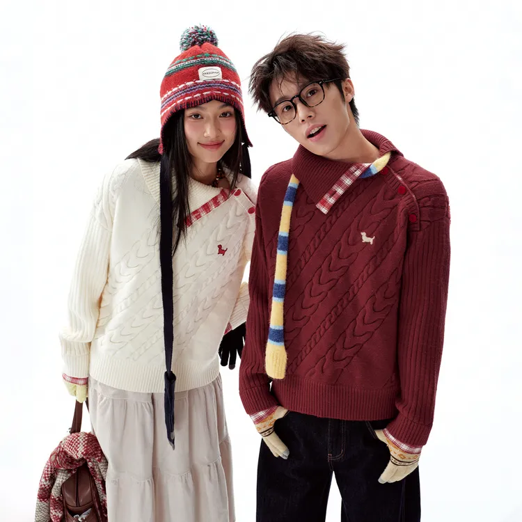 BIPOLAR【圣诞新年礼】斜门襟翻领假两件秋冬宽松绞花毛衣 16L269