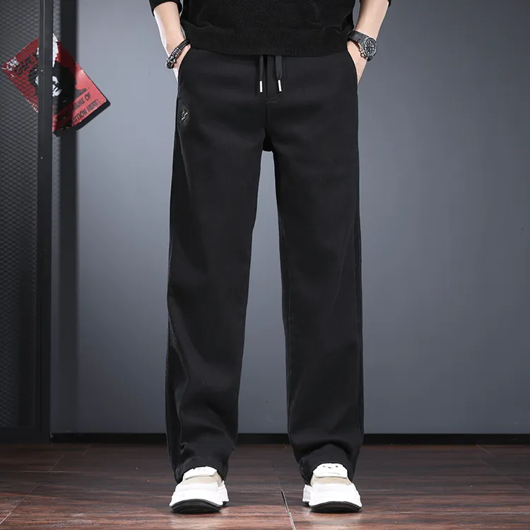 高级感牛仔裤男宽松直筒垂感长裤秋冬季黑色痞帅加绒加厚工装男裤