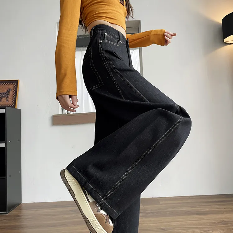 梦冷黑金色美式阔腿牛仔裤女2025秋季新款宽松显瘦拼接直筒拖地裤