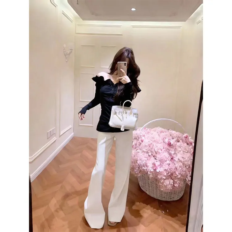 2025秋季时尚设计感简约风修身显瘦百搭时尚上衣休闲阔腿长裤套装