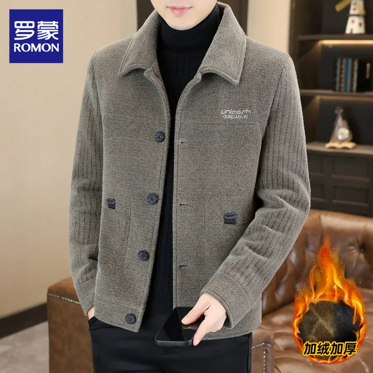 罗蒙毛呢外套男士2025冬季新款加绒保暖商务休闲翻领水貂绒夹克男