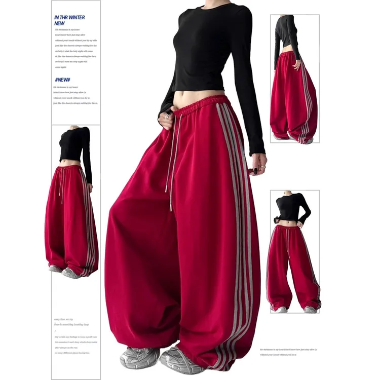 红色秋冬加绒美式休闲裤女宽松直筒阔腿卫裤百搭显瘦抽绳束脚裤子