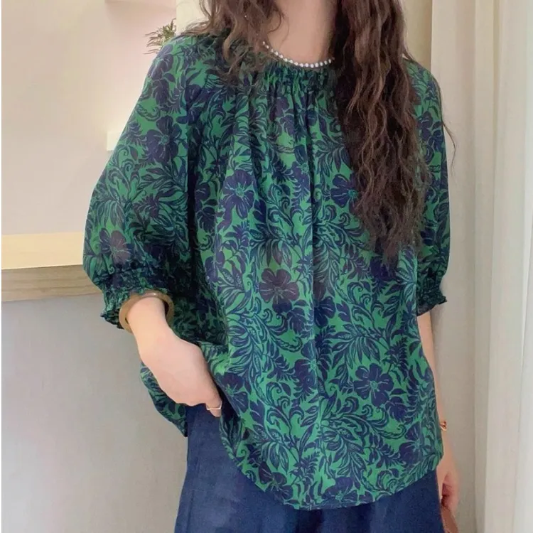 复古印花短袖衬衫女2025新款夏季薄款微胖mm宽松遮肚独特衬衣上衣